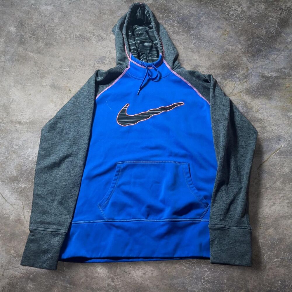 Nike Hoodie Boys Blue Gray Large Therma-FIT Orange Swoosh Athletic Pullover